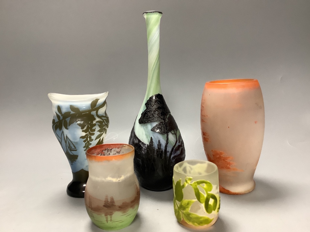 Five 20th century cameo or enamelled glass vases, height 25cm